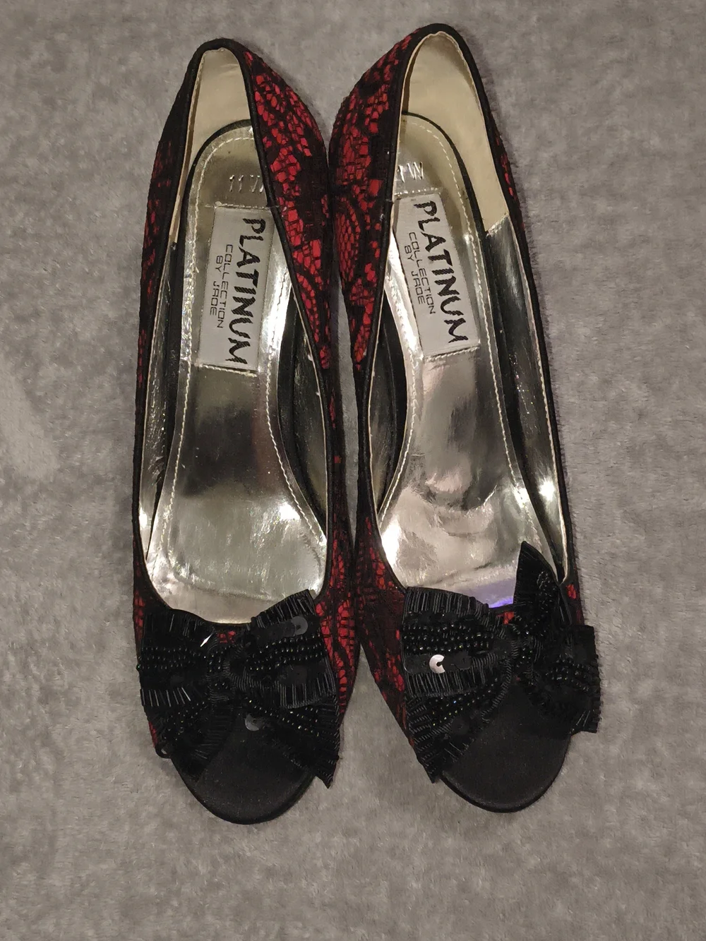 Jade Red Lace Peep-Toe Heels with Black Bow Accent